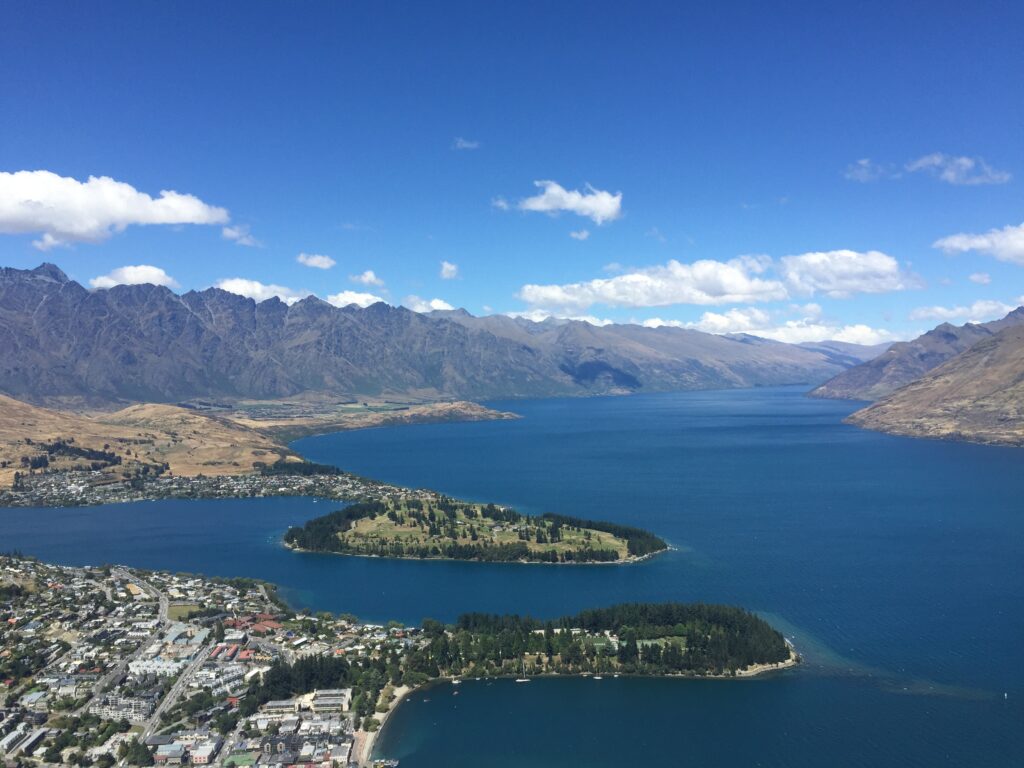 view of lake and mountains from queenstown hill, new zealand