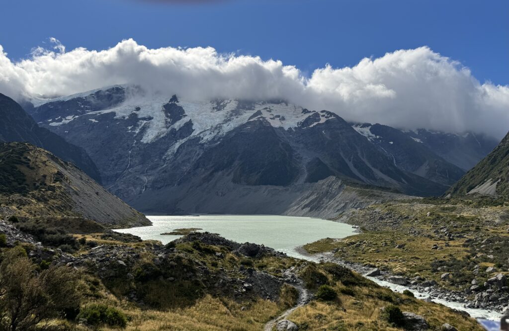 glacial lake and mountains on hooker valley track, new zealand