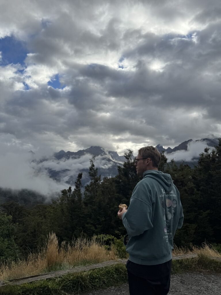 Hollyford Valley Lookout, milford sound, new zealand. man standing and looking at view in foreground