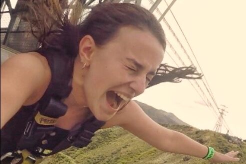 melody whilst bungy jumping on nevis bungy, queenstown, new zealand.