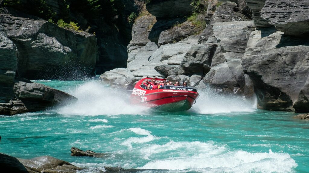 shotover jet on water in queenstown, new zealand